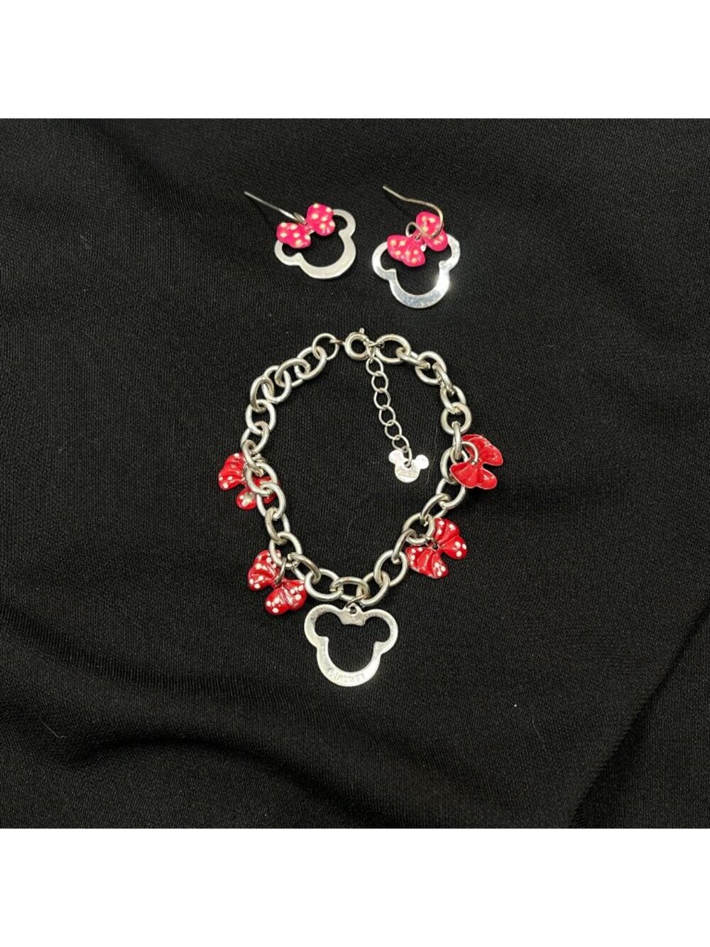 Disney Minnie Mouse Bracelet & Earrings Set Silver & Red Polka Dot Charms